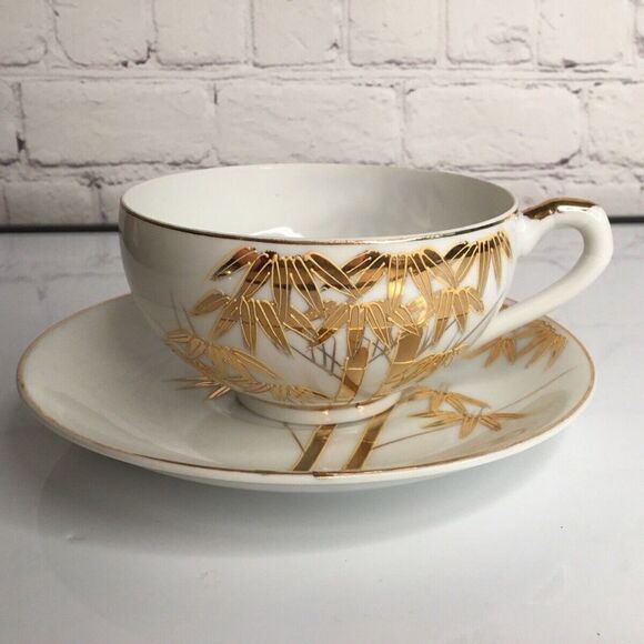 VTG Geisha Lithophane Gold/White Hand Painted Porcelain Teacup/Saucer Set Japan - Picture 1 of 11